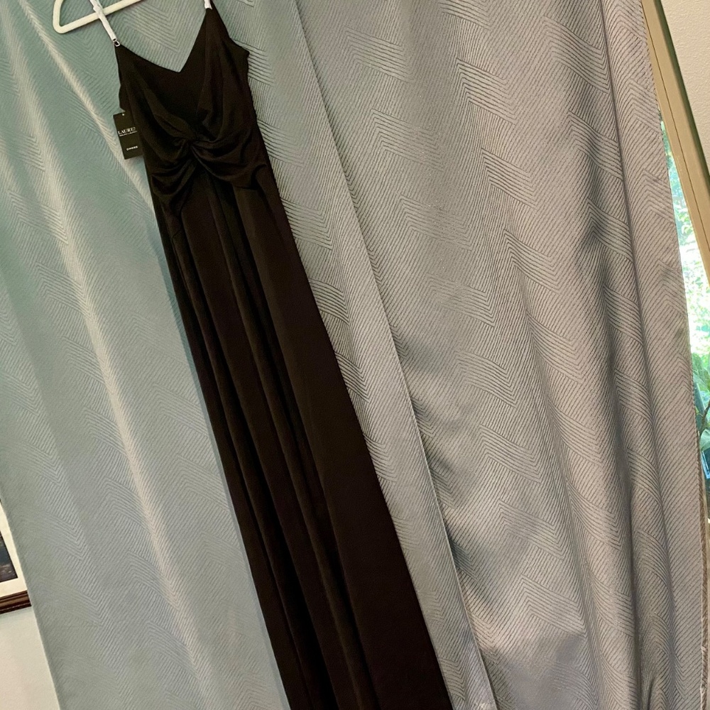 New! 8 Lauren Ralph Twist Back Black Gown Jersey Maxi Dress Chain Straps, Formal - Picture 4 of 15